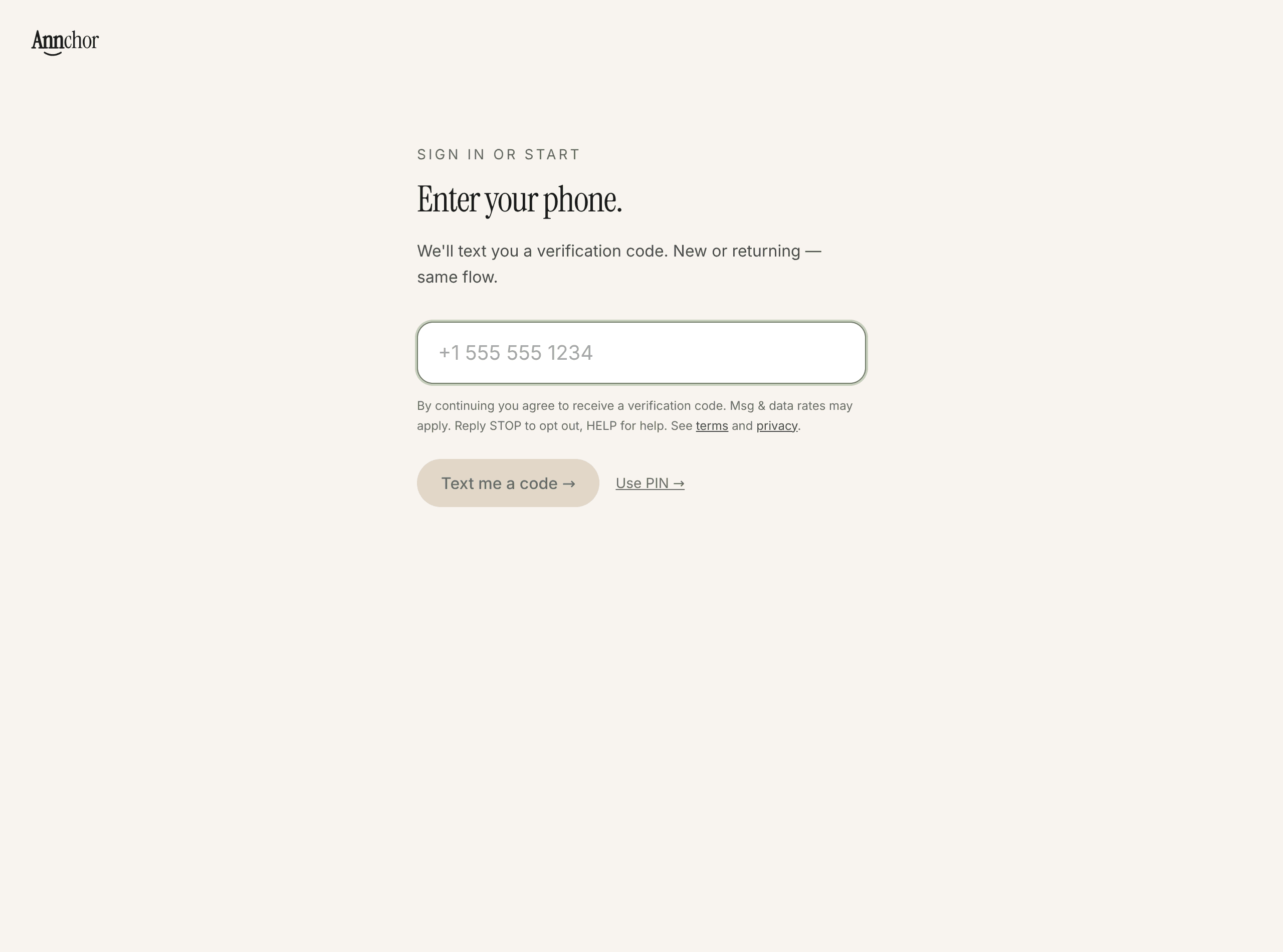 Annchor signin page: phone number field with SMS consent disclosure underneath