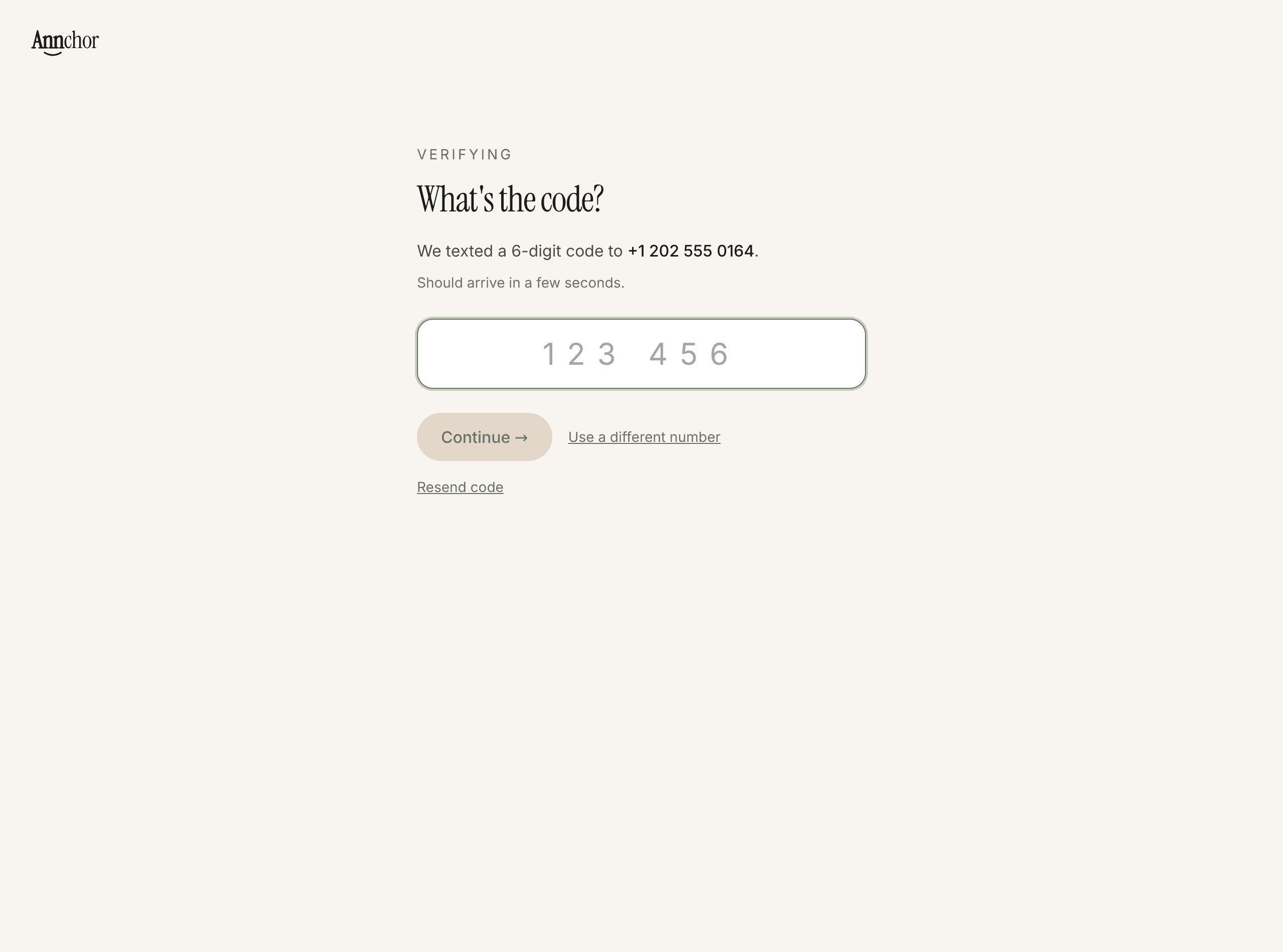 Annchor signin page: 6-digit verification code entry screen