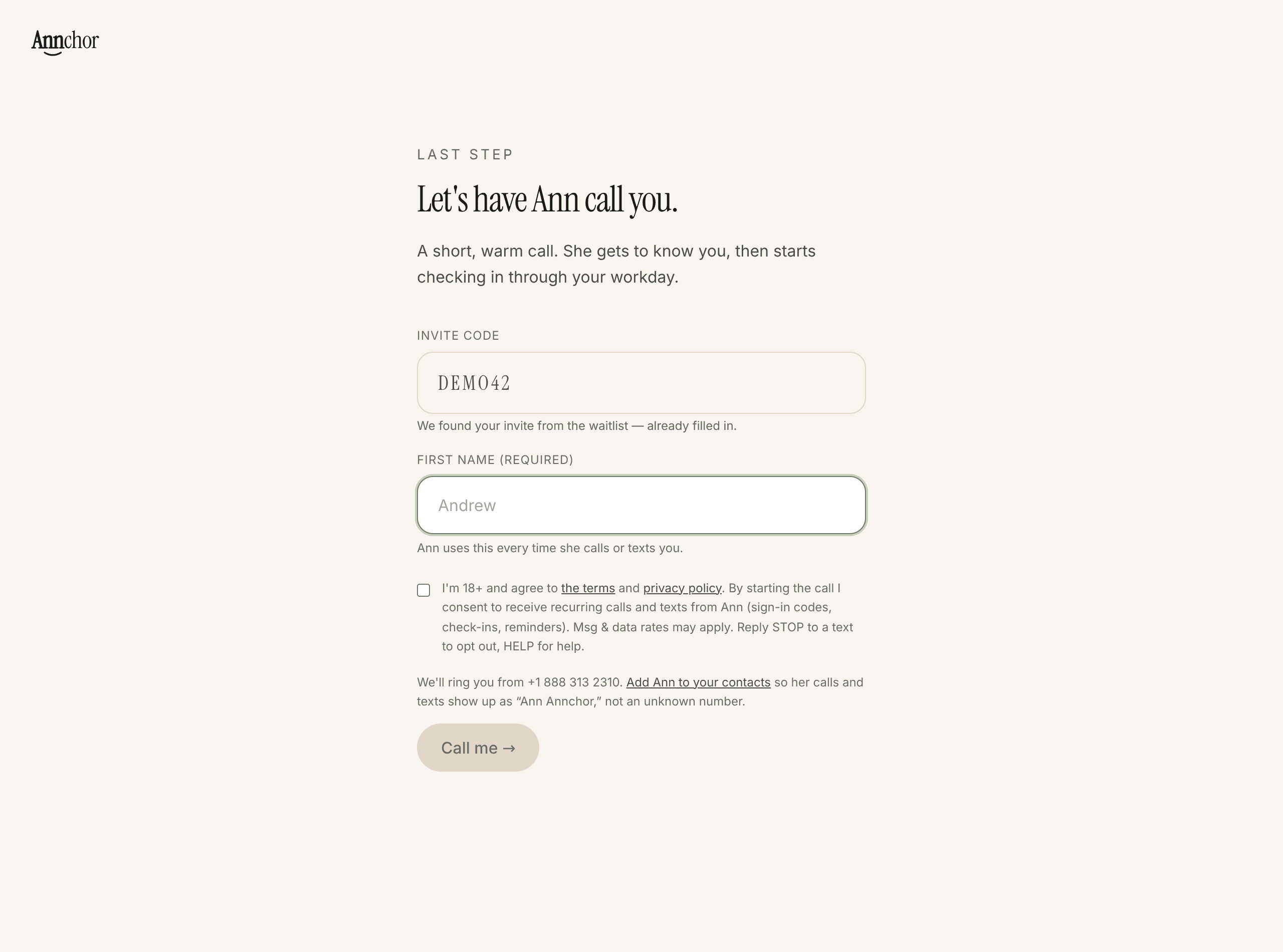 Annchor signin page: final step with unchecked consent checkbox for recurring calls and texts